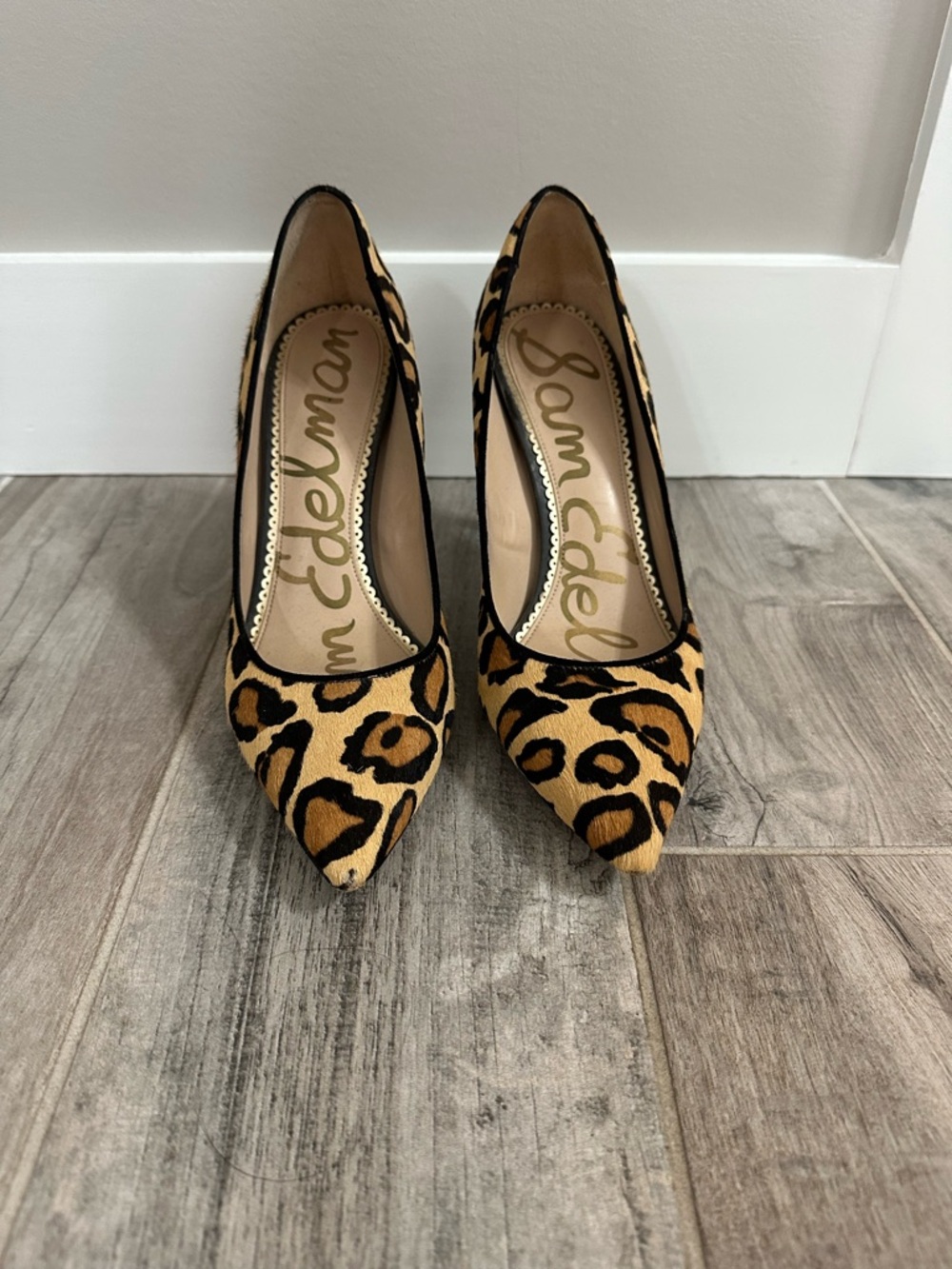 Sam Edelman Leopard-Print Pointed Toe Stiletto Pumps - Tan & Black. Size 8.5
